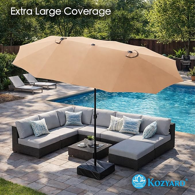 Kozyard 15 FT Rectangular Double-Sided Patio Umbrella with Solar Lights, Outdoor Patio Umbrella with Crank Lift, Base Included, UV-Resistant for Pool, Backyard & Garden Beige