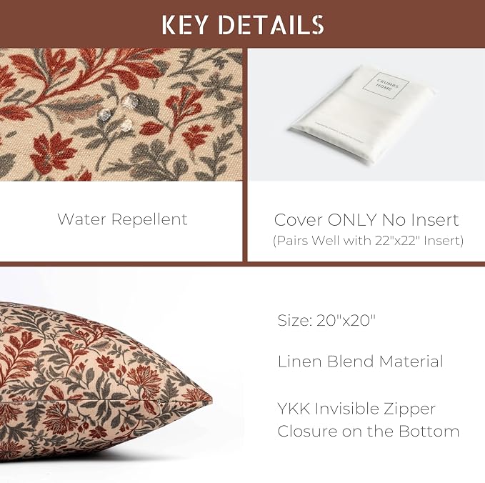Modern Farmhouse California Casual Indoor Outdoor Throw Pillow Cover, 20"x20" Water Repellent for Patio, Backyard, Couch, Poolside, Rust Orange Print Sketch Botanical Flowers and Leaves