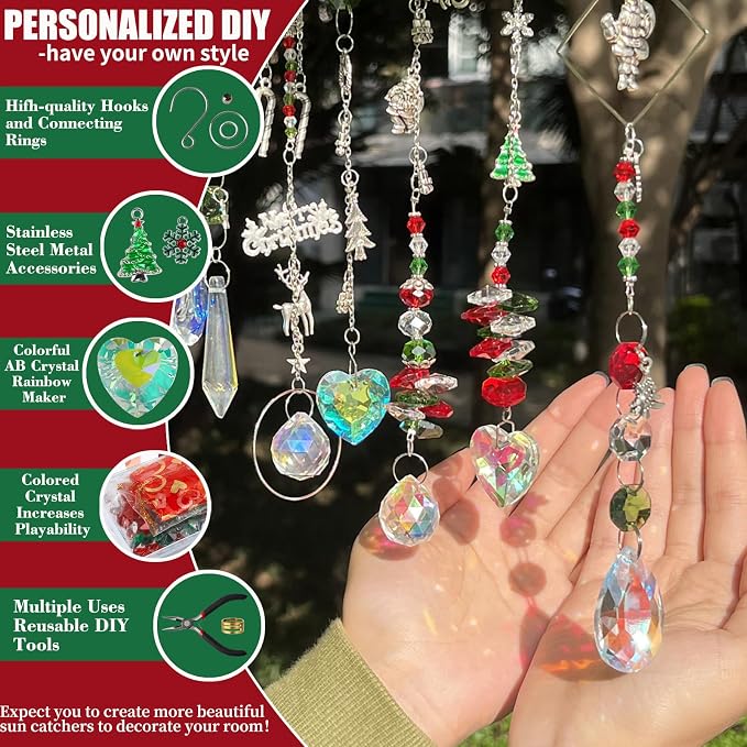 500pcs Sun Catcher Kit, DIY Crystal Craft Hanging Window Christmas Decor | Crystal Suncatcher Kit, DIY Crystal Hanging Prism for Window/Garden, Christmas Tree Decor, Craft Gift for Adult with Tutorial