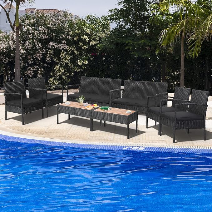 COSTWAY 8PCS Patio Rattan Furniture Set Cushioned Chair Wooden Tabletop Black