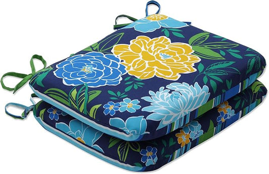Pillow Perfect Reversible Floral Stripe Indoor/Outdoor Round Corner Chair Seat Cushion with Ties, Plush Fiber Fill, Weather, and Fade Resistant, 15.5" x 18.5", Blue/Yellow Spring Bling, 2 Count