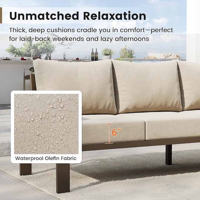 UDPATIO 6 Piece Patio Furniture Set, Metal Outdoor Sectional Sofa with 6" Thick Olefin Cushions, Wide Armrest & Coffee Table, L Shaped Outdoor Furniture for Garden, Backyard Beige