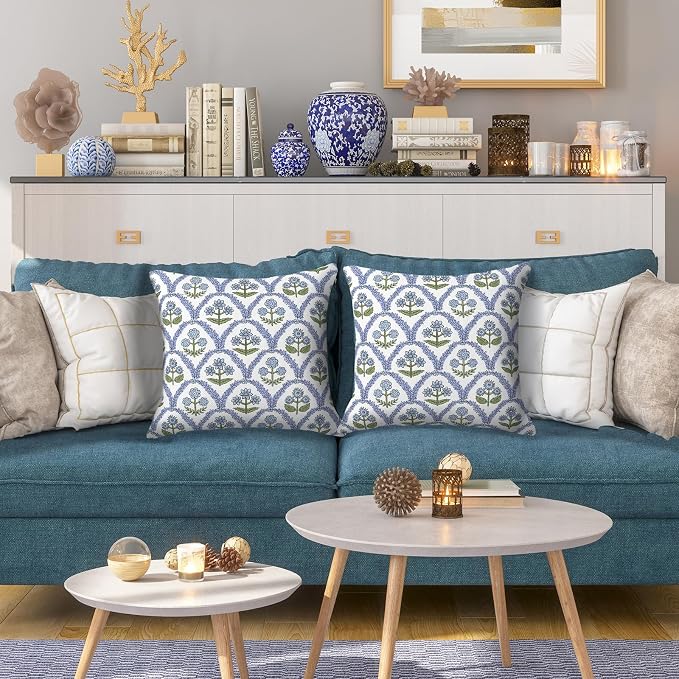 Spring Pillow Cover 20x20 Inch Set of 2, Blue Floral Block Print Outdoor Waterproof Cushion Covers, Spring Home Decor Vintage Throw Pillows for Patio Furniture
