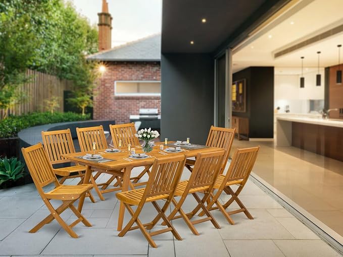 East West Furniture DEDK9CWNA 9 Piece Outdoor Patio Dining Sets Includes a Rectangle Acacia Wood Table and 8 Folding Side Chairs, 40x72 Inch, Natural Oil