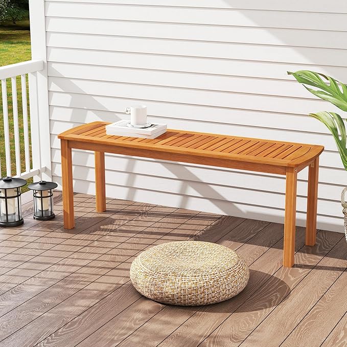 Tangkula 3 Piece Acacia Wood Patio Dining Table Set, 63" Large Patio Table & 2 Backless Benches w/Umbrella Hole, Farmhouse Indoor Outdoor Diner Furniture for Garden Poolside Deck Kitchen