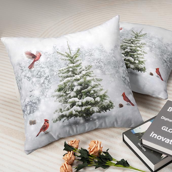 Winter Christmas Pillow Covers Snowy Natural Forest Decorative Pillow Case 22x22 Green Pine Tree with Cardinal Birds Cushion Case for Couch Living Room Patio,2 Pack