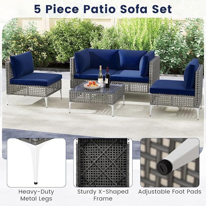 Tangkula 5 Piece Outdoor Furniture Set, Patio Wicker Heavy Duty Sectional Cushioned Sofa Set with Tempered Glass Coffee Table for Backyard, Poolside, Porch, Lawn