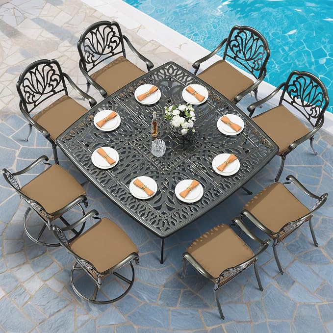 MEETWARM 9-Piece Outdoor Patio Dining Set for 8, All Weather Cast Aluminum Patio Funiture Table and Chairs Set- Large 64" Square Table and 2 Swivel Rocker Chairs, 6 Stationary, Umbrella Hole, Khaki
