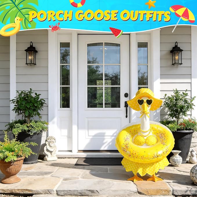 Hawaiian Porch Goose Outfit - Fits 23" Plastic Goose Statue | Yellow Bikini, Swimming Ring, Heart Glasses & Necklace Set - Summer Goose clothes for Lawn, Yard, Garden Decor