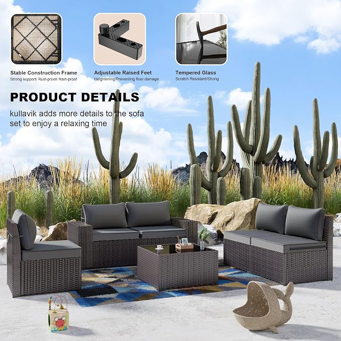 Kullavik 9 Pieces Outdoor Patio Furniture Set,PE Wicker Rattan Sectional Sofa Patio Conversation Sets with Tempered Glass Table,Swivel Rocking Chairs Set,Grey
