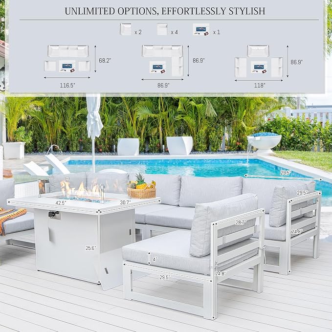 BULEXYARD 6 Person Large Modern Aluminum Outdoor Patio Furniture Set with Fireplace, 29" Wide Deep Seating, U Shaped Combo Sectional Couch, Water Resistant Conversation Set for Backyard Terrace, White