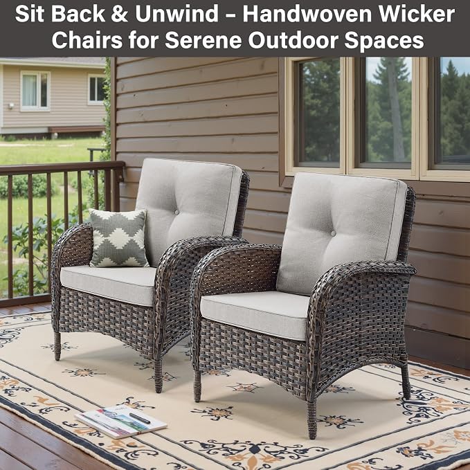 Belord Patio Club Chair Wicker Chairs - Outdoor High Back Chair Set of 2 Patio Furniture Set Rattan Seating with Removable Cushions for Porch Balcony Deck Pool Sunroom Light Brown/Beige