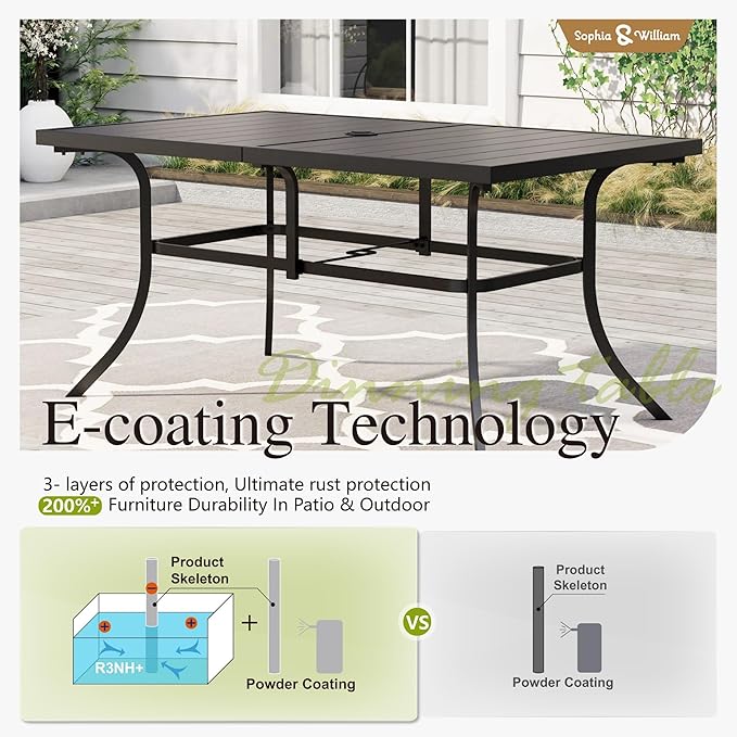 Sophia & William 7 Pieces Patio Dining Set for 6 People, Rectangular Patio Table and Rattan Chairs Set, Metal Outdoor Table and Wicker Chairs Outdoor, 1.57"-1.9" Adjustable Umbrella Hole