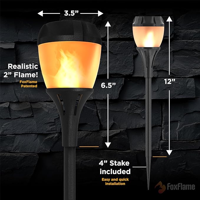 FoxFlame Solar Path Lights Outdoor Waterproof-Realistic Flickering LED Flame,IP65 Pathway Lights Solar Powered Warm Light for Garden and Walkways,Ground Stake Included for Easy Setup (6Pack)