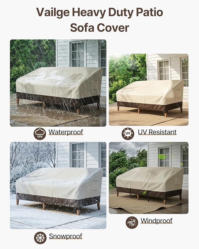 Vailge Heavy Duty Patio Sofa Cover, 100% Waterproof 3-Seater Outdoor Sofa Cover,Lawn Patio Furniture Covers with Air Vent and Handle,60"W x 35"D x 35" H,Beige&Brown