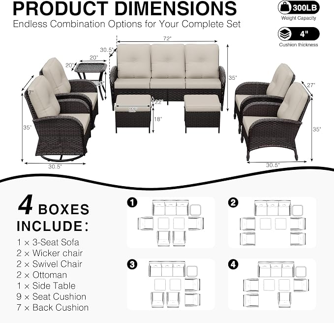 Joyside Wicker Patio Furniture Set, 8 Piece Outdoor Furniture Set with Thickened Cushions, High Back, Deep Seating, Wide Armrest, Outdoor Swivel Rocker Chairs for Porch, Deck