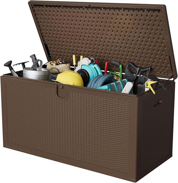 Garvee 150 gal Large Resin Deck Box, Waterproof & Weatherproof Outdoor Storage Box, Lockable Pool Storage Bin with Lid for Porch Patio Garden Backyard, Brown