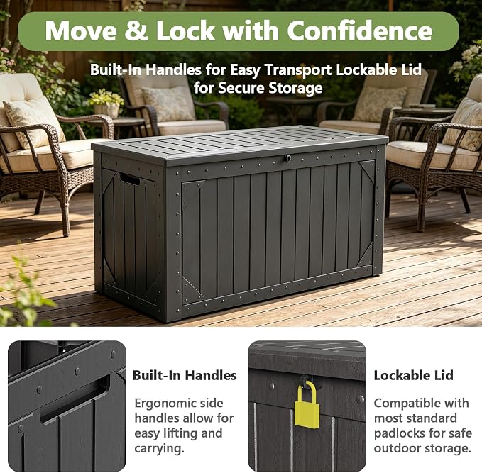 Outdoor Storage Box, 95 Gallon Deck Box Outdoor Storage Bench, Outside Waterproof Resin Storage Bench, Lockable Patio Cushions, Garden Tools Storage for Furniture, UV Resistant (Black)