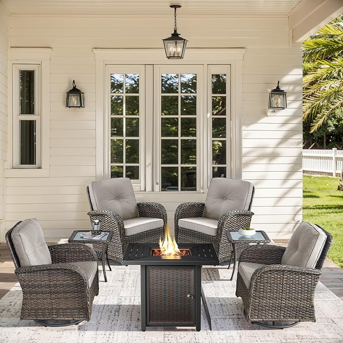 7 Pieces Patio Furniture with Fire Pit-High Back Swivel Patio Chairs Set of 4 with Outdoor Side Table Outdoor Patio Furniture Set for Deck Porch Garden Balcony Poolside-Brown/Beige