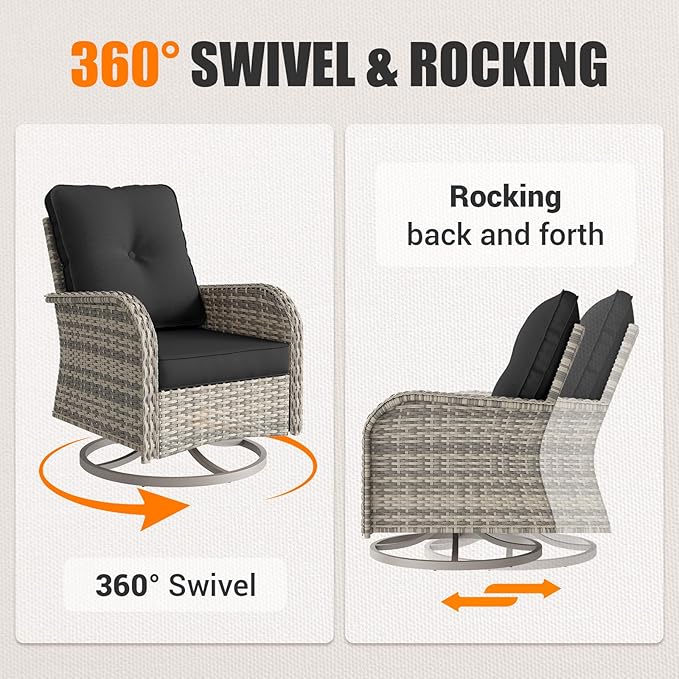 9-Piece Patio Rocking Swivel Chair Outdoor Wicker Rattan Bistro Set with Tempered Glass Side Table, Outdoor Patio Furniture Set for Garden, Deck, and Balcony, Dark Grey