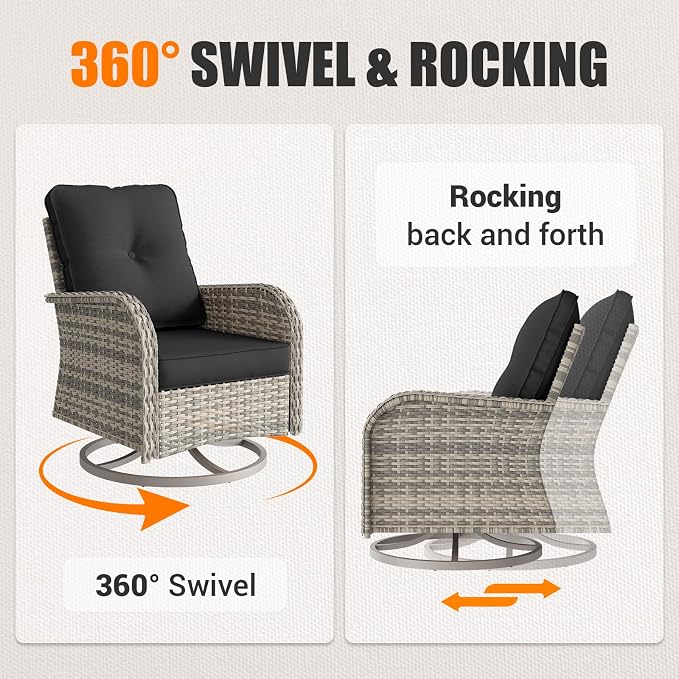 6-Piece Patio Rocking Swivel Chair Outdoor Wicker Rattan Bistro Set with Tempered Glass Side Table, Outdoor Patio Furniture Set for Garden, Deck, and Balcony, Dark Grey