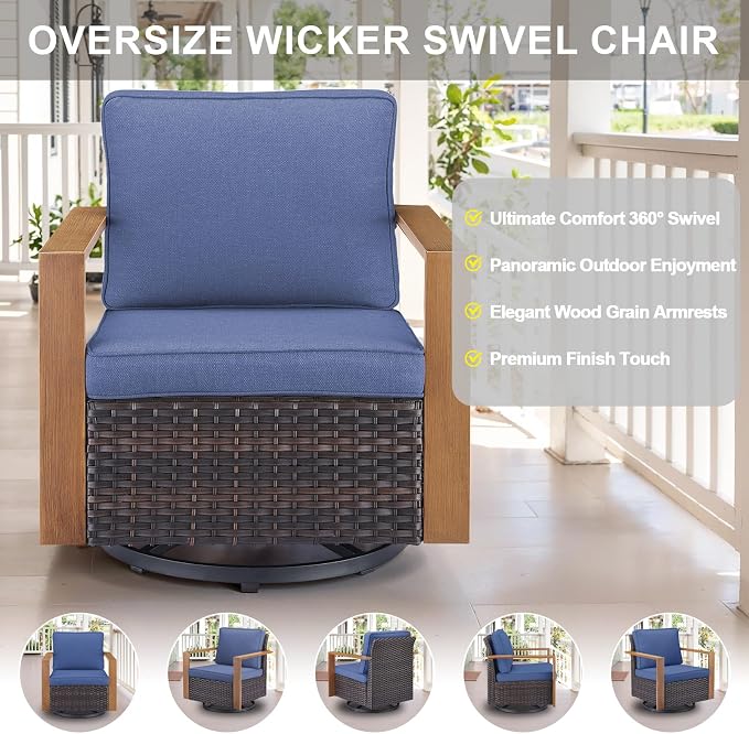 Belord Modern Outdoor Patio Furniture 7 - Person Outdoor Swivel Glider Seating Group, Backyard Wicker Furniture Set with Aluminum Armrests, Brown Wicker Blue Cushion