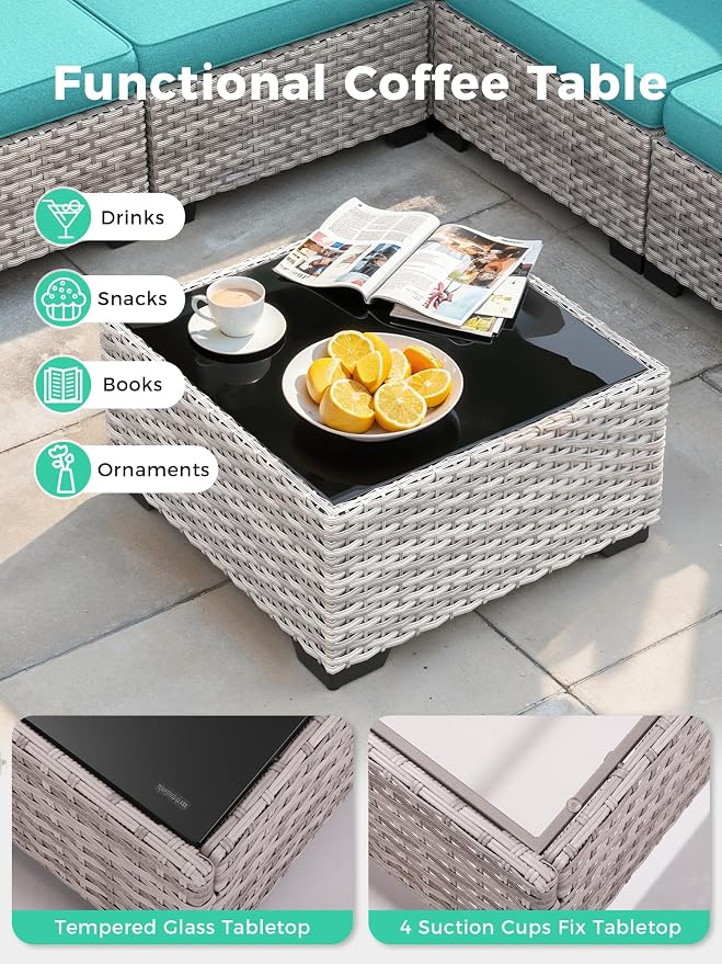 10 Piece Outdoor Wicker Sectional Sofa Set with Swivel Chairs & Fire Pit Table, 7-Seats with 4" Thickened Cushions & Coffee Table, All-Weather PE Rattan for Garden, Backyard, Porch, Turquoise