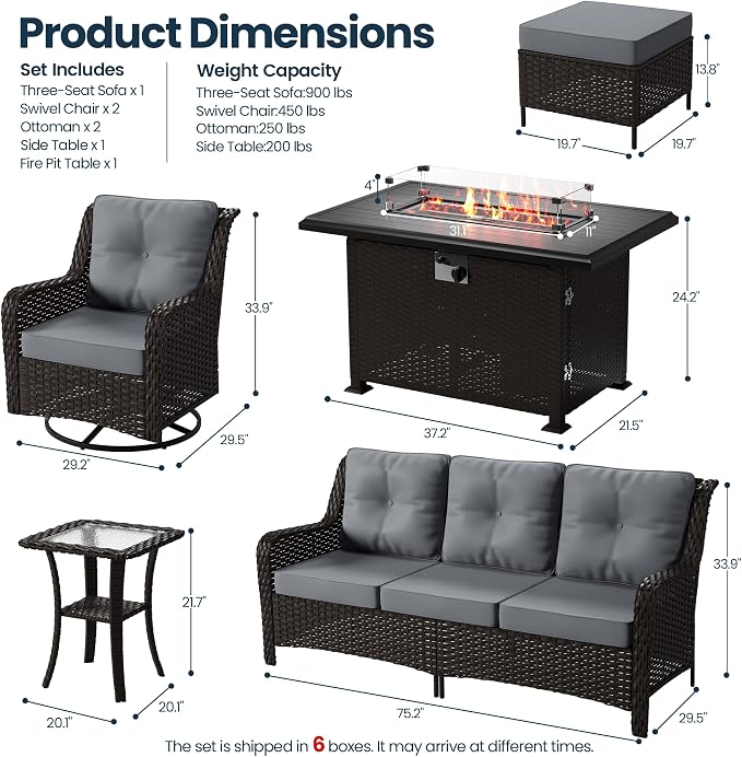 Kullavik 7 Pieces Patio Furniture Set,All-Weather Wicker High Back Outdoor Swivel Rocker Patio Chairs with Fire Pit Table & Thick Cushions,Paito Conversation Set for Porch,Deck,Grey