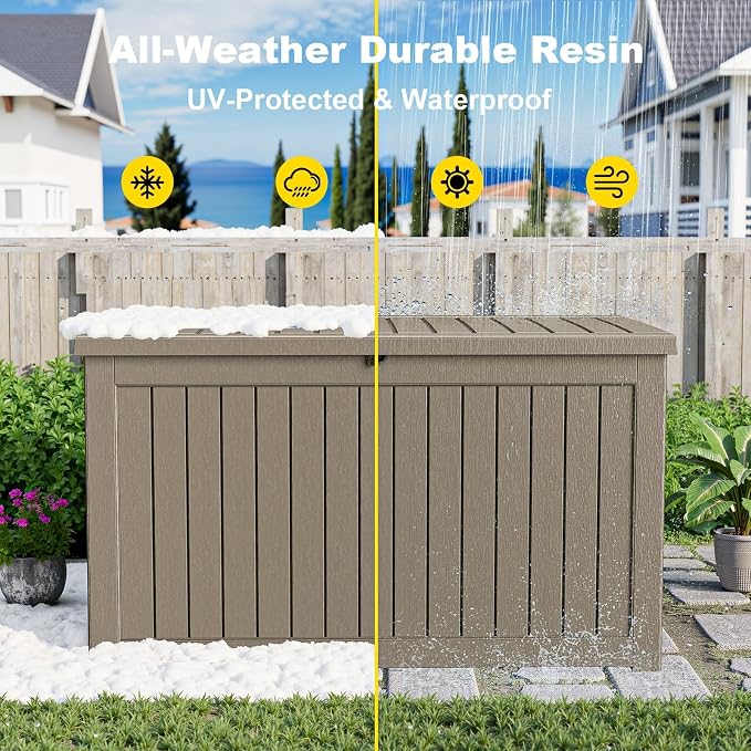320 Gallon Waterproof Outdoor Storage Box, UV Resistant Resin Deck Box with Hydraulic Rod for Stable Support, Ideal for Patio, Garden and Pool, Grey