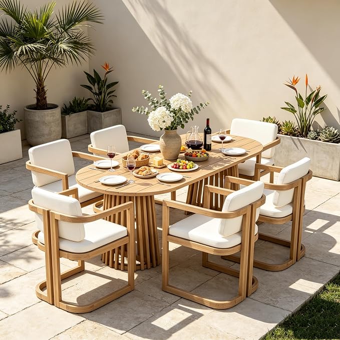Christopher Knight Home Evana Acacia Wood Dining Table Set for 6, Solid Wood Outdoor Dining Set for 6, Modern Oval Patio Dining Table and Chair Set with Cushions, Brown + Light Teak + Beige