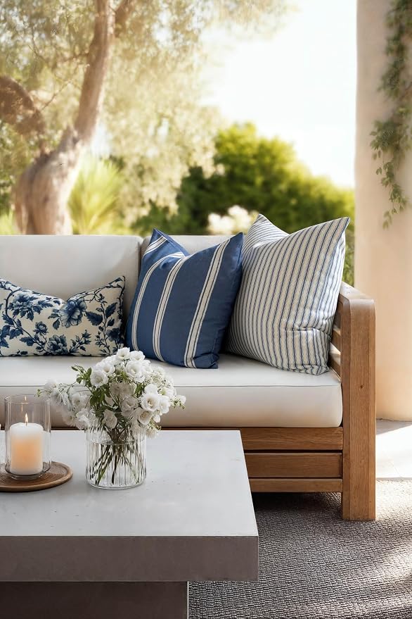 California Casual Coastal Indoor Outdoor Throw Pillow Cover, 20"x20" Water Repellent for Patio, Backyard, Couch, Poolside, Azure Blue White Embroidered Stripes