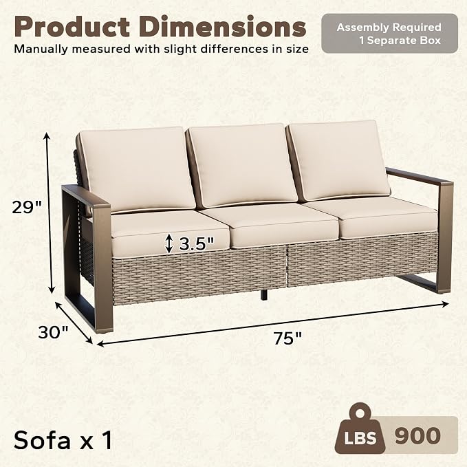 75" Patio Metal Wicker Sofa, All Weather Outdoor Rattan 3-Seat Sofa Couch with Premium Cushions & Rectangular Framed Wood-Looking Metal Armrest for Garden Backyard Porch Deck, Beige