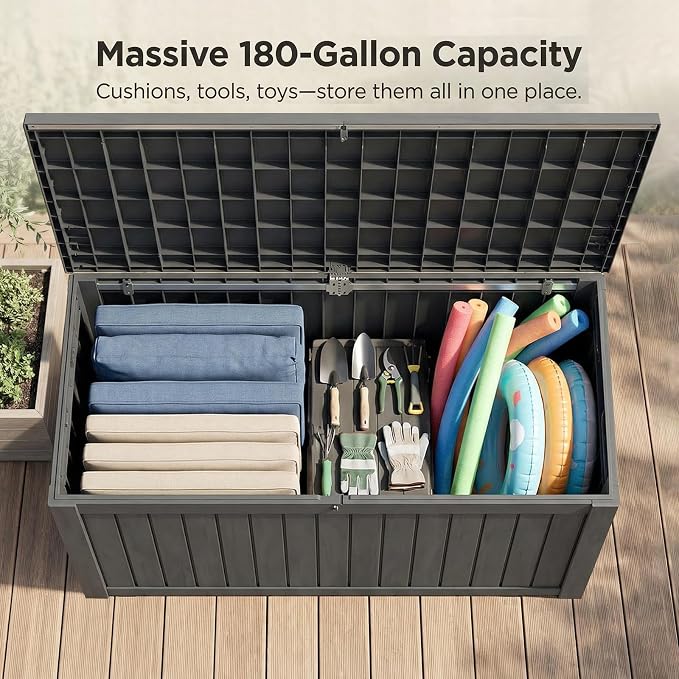 180 Gallon Waterproof Resin Outdoor Storage Box, Lockable & UV Resistant | Patio Deck Boxes, Outside Storage for Patio Cushions, Pool Toys, Garden Tools & Package Delivery, Black