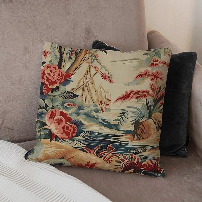 Moore Manor Antique Chinoiserie Cushion Cases Coral Peony Chic Asian Throw Pillow Covers 16x16 INClassic Accent Decorative Cushion Cases Home Decor for Sofa Bed Chair Car