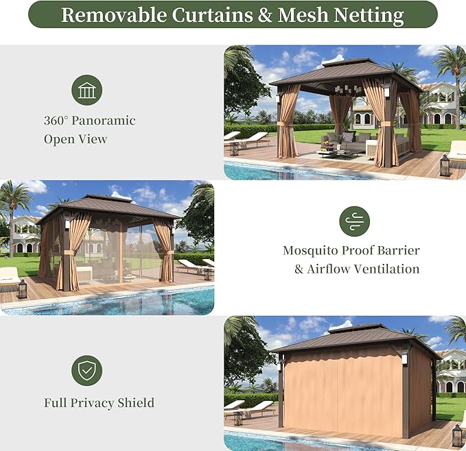 Aoxun 12'x12' Hardtop Gazebo with 4 LED Lights, Outdoor Gazebo with Galvanized Steel Double Roof, Patio Gazebo with Breathable Netting & Privacy Curtain, Decor Hooks for Backyard, Brown