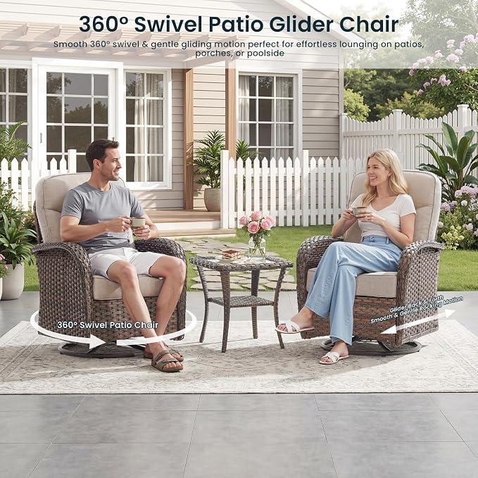 Luxury 6-Inch Cushion Outdoor Swivel Rocker Patio Chairs with Side Table, High Back Wicker Patio Furniture Set for Deck Porch Garden Balcony and Poolside Beige Cushion