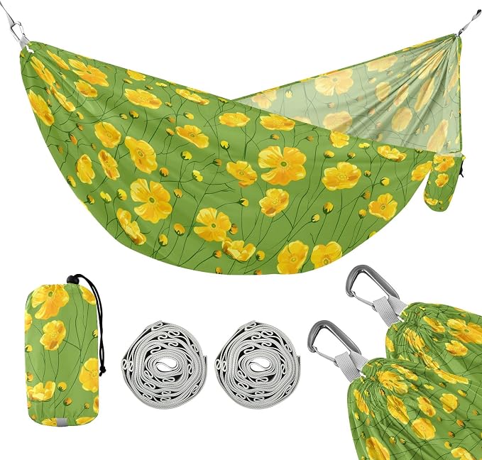 Camping Hammock Outdoor Hammocks for Outside Yellow Buttercups Green Beach Trees Portable Lightweight with Pockets Tree Straps Indoor