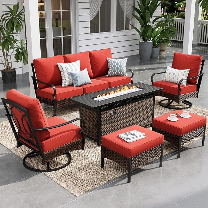 Sophia & William Patio Furniture Set with 56" Fire Pit Table, Metal Outdoor Conversation Set Patio Sectional with 3-Seater Sofas, 2 Swivel Chairs, 2 Ottomans, 1 Firepit Table for Porch Deck, Red