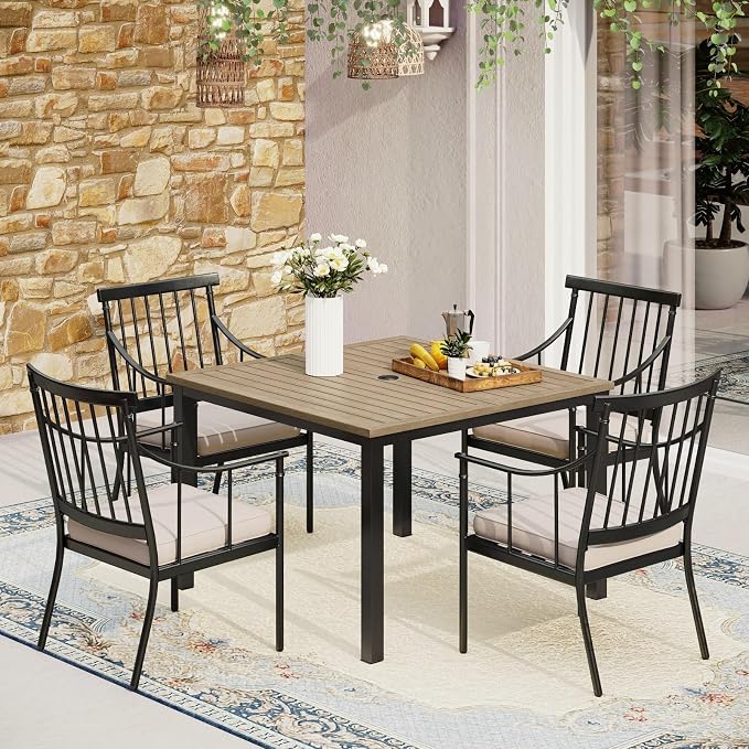 MFSTUDIO 5-Piece Patio Dining Set, Metal Chairs, Umbrella Hole, Beige | 42" Square Wood-Look Metal Table, Removable Cushions