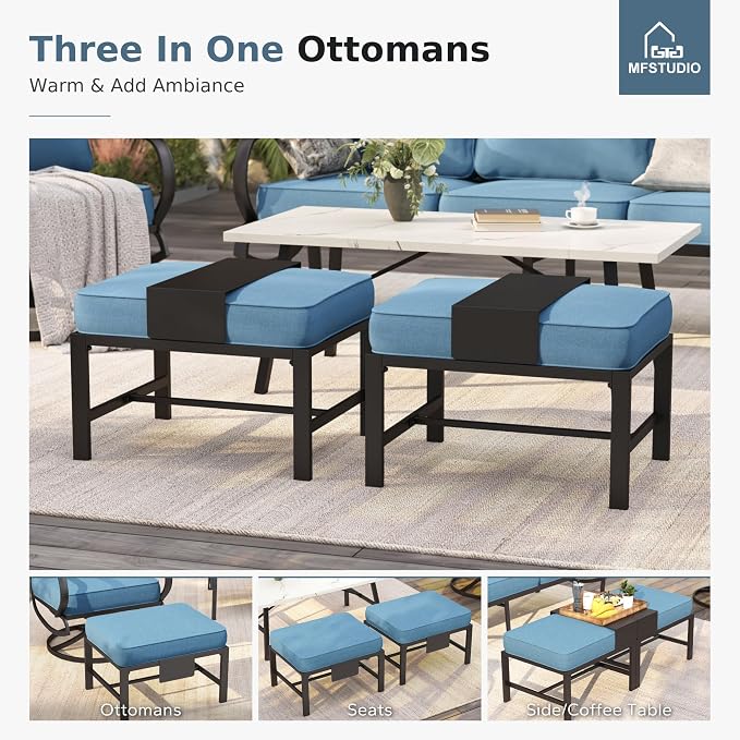 MFSTUDIO 6 Pieces Patio Furniture Sets with 45" Gas Fire Pit Table(Up to 7 Seat), Outdoor Metal Frame Patio Conversation Sofas with 1 x 3-Seat Sofa, 2 Rocking Chairs and 2 Ottoman, Navy Cushion