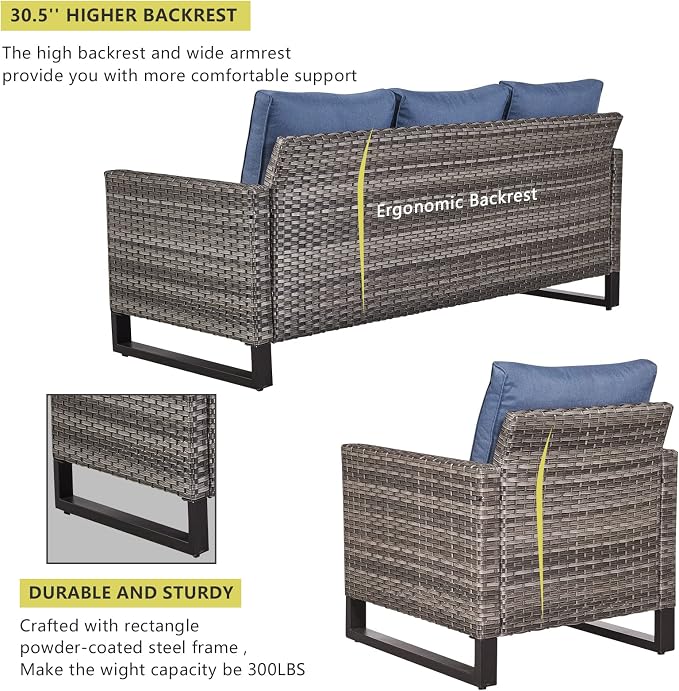 HUMMUH 7 Piece Patio Furniture with Fire Pit 30in 55,000 BTU,PE Wicker Outdoor Conversation Sets - Couch,Patio Chairs and Ottomans,Side Table for Porch,Garden,Backyard