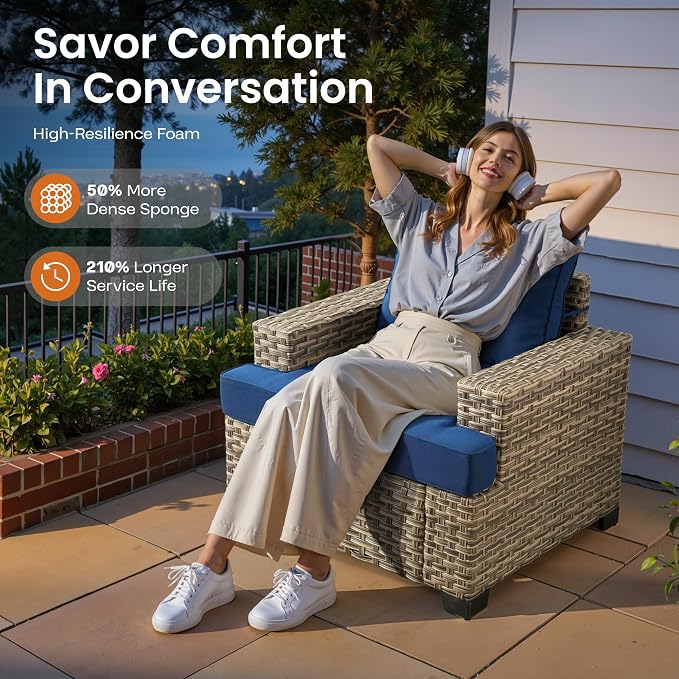 ovios 9 Piece Patio Sectional Furniture with Swivel Rocking Chairs, Rattan Wicker Coversation Couch Set, Outdoor Sofa Set for Outside Porch Balcony Backyard Pool, Navy Blue