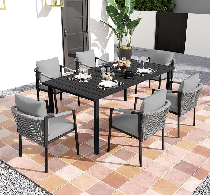 Patio Dining Set for 6, Woven Rope Dining Chairs, Cushions, for Lawn Garden | 7-piece patio dining set for 6, woven rope rattan dining table and chairs set, cushions, all-weather for lawn garden