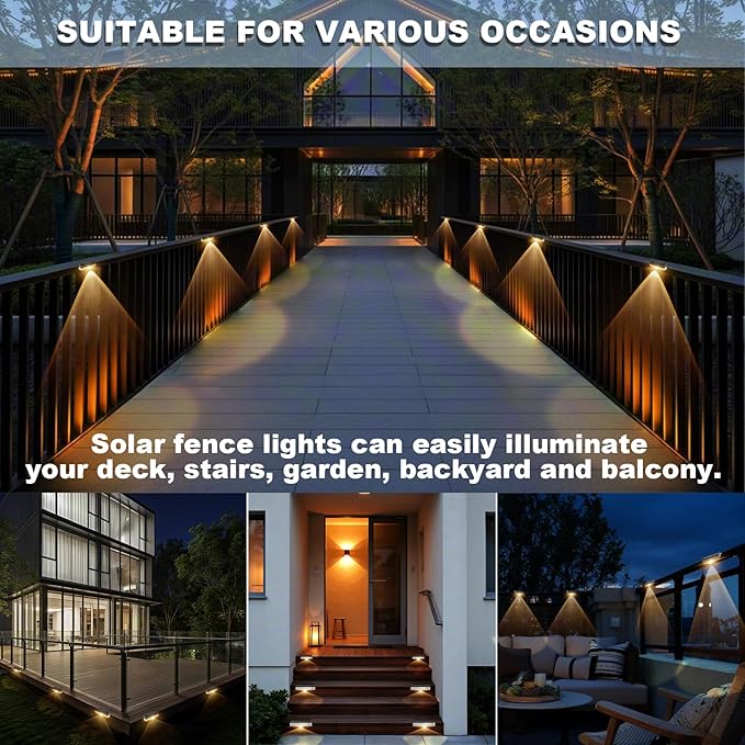 AGOTD Solar Fence Lights Outdoor, 16 Pack Fence Light Solar Powered, Deck Lights Waterproof Led for Garden, Backyard, Patio, Pathway, Railing, Pool, Stairs, Step, Warm White