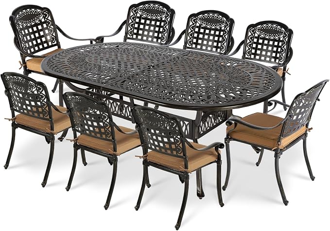VIVIJASON 9-Piece Patio Furniture Dining Set, Rust-Free Cast Aluminum Outdoor Conversation Set, Include 8 Cushioned Chairs and an Oval Table with Umbrella Hole for Balcony Lawn Garden Backyard