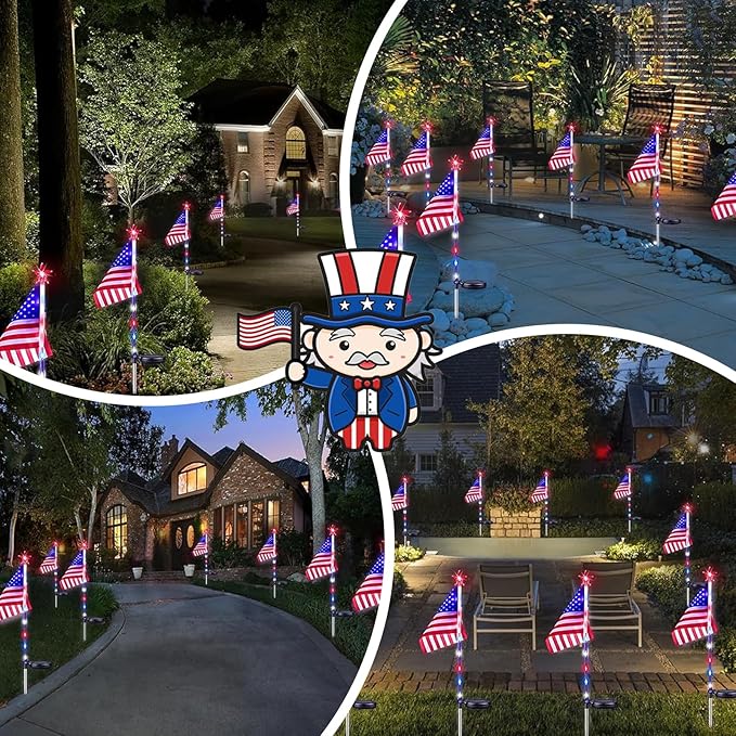 4th of July Decorations Outdoor Solar Lights, 10 Pack Red White and Blue American Flag Star Lights for National Day, Waterproof Patriotic Light for Independence Day 250th Anniversary Garden Yard Path