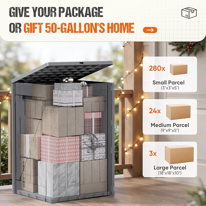 Flamaker 50 Gallon Deck Box, Package Delivery Box for Outside, Outdoor Package Drop Container for Gifts, Waterproof Plastic Storage Container with Lockable Secure for Porch (Gray)