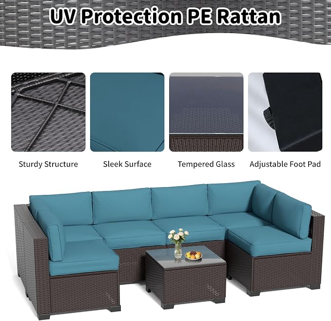 YLGJ&TIDY 7-Piece Outdoor Sectional Patio Furniture Set, All-Weather Wicker Rattan Sofa w/Thick Washable Cushions & Tempered Glass Table, Perfect for Garden, Poolside, Backyard (7, Peacock Blue)