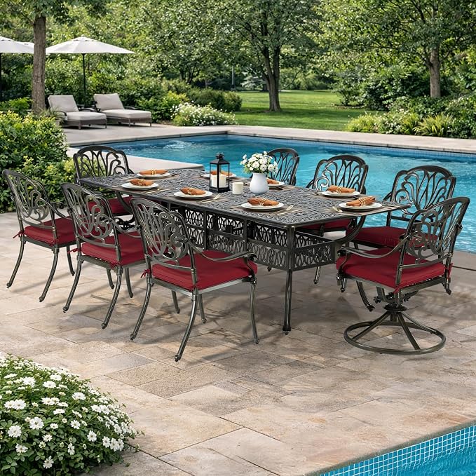 VIVIJASON 9-Piece Outdoor Dining Set, Cast Aluminum Patio Furniture Table & Chairs Set for 8, Include 94.5" Rectangular Table, 2 Swivel Rockers, 6 Stationary Chairs, Umbrella Hole, Red Cushion