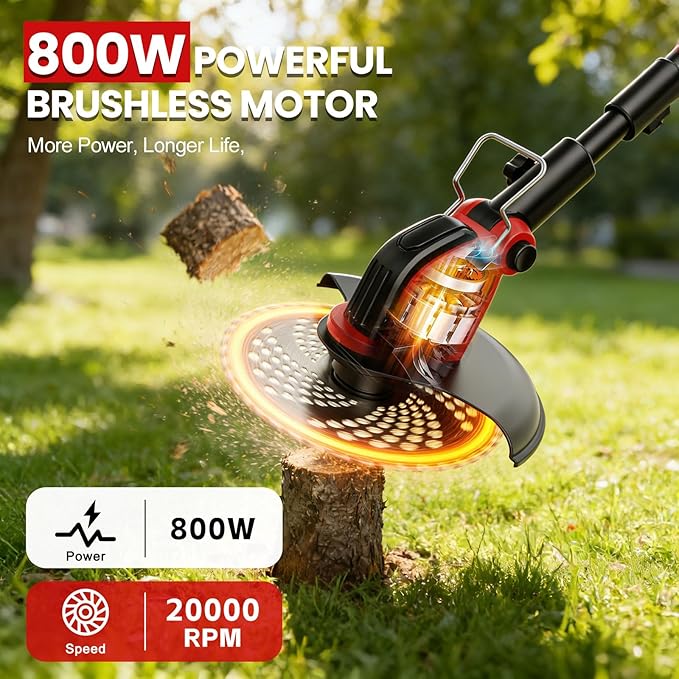 12-Inch Cordless Weed Wacker, 2x3.0Ah 21V Battery Powered Weed Eater with Wheels, 800W Brushless Motor, Electric Lawn Mower with 4 Types Blades, 20000RPM Brush Cutter Grass Trimmer for Garden Yard